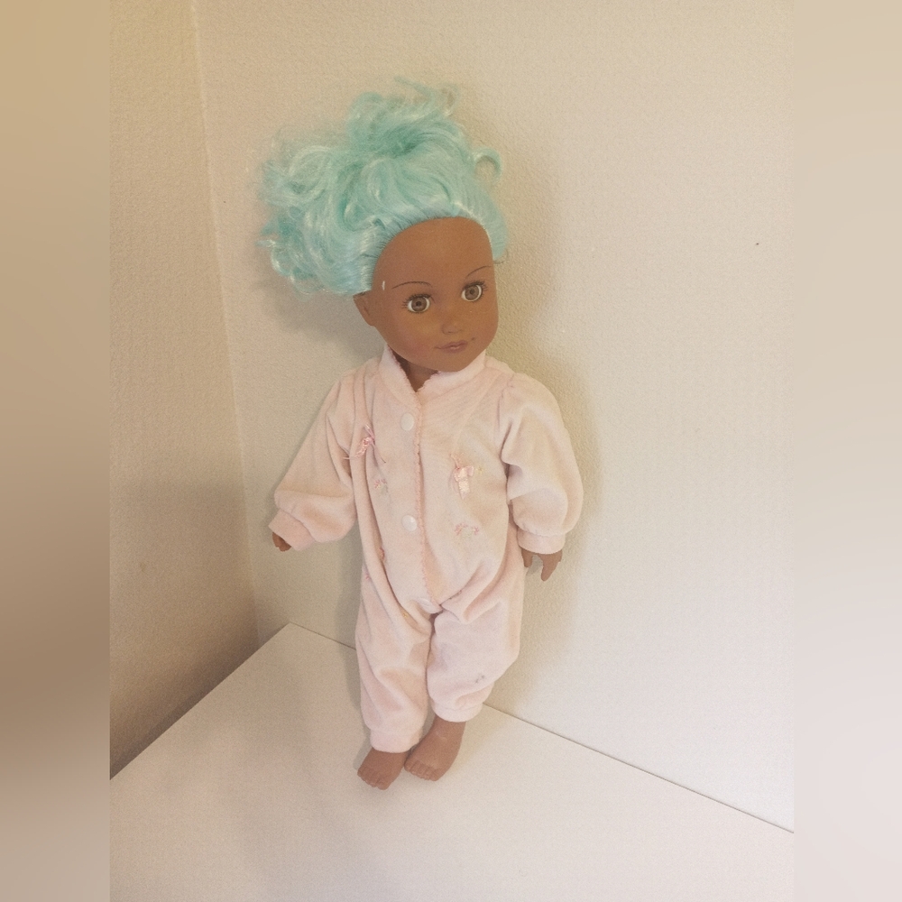 Doll with Blue Hair and Pink Outfit With Doll Clothes